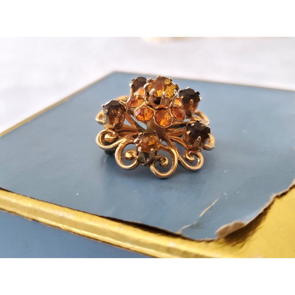 Vintage Coro Designer Amber and Brown Rhinestone Mini Dome Brooch Pin